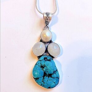 2 inch , 925 marked, Turquoise, Moonstone and Pearl pendant on silver chain